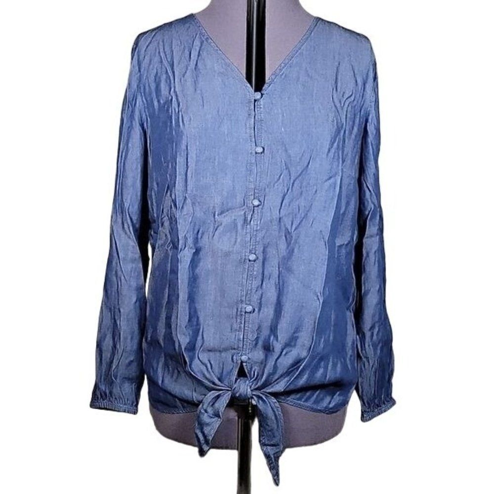 NWOT Denim & Co. Lightweight Denim Button-Front Tie Waist Top Sz M